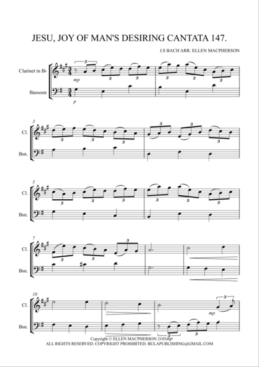 Jesu Joy of Man's Desiring from Cantata no.147 - CLARINET & BASSOON DUET Woodwind Duet scores gallery preview page 1