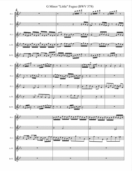 J.S. Bach's Little Fugue, Fugue in G Minor - for flute choir (quintet) image number null