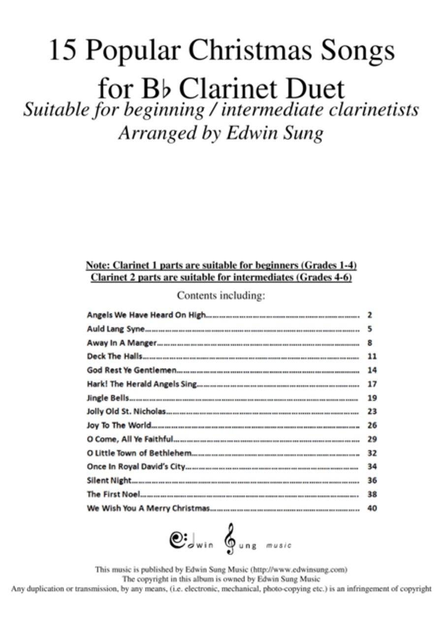 15 Popular Christmas Songs for Bb Clarinet Duet (Suitable for beginning / intermediate clarinetists) Clarinet Duet scores gallery preview page 1