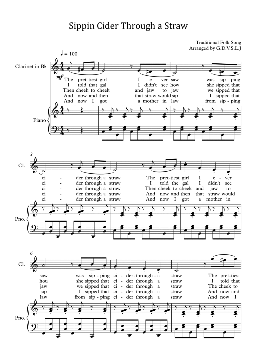 Sippin Cider Through a Straw - Clarinet Bb + Piano Accompaniment B-Flat Clarinet scores gallery preview page 1