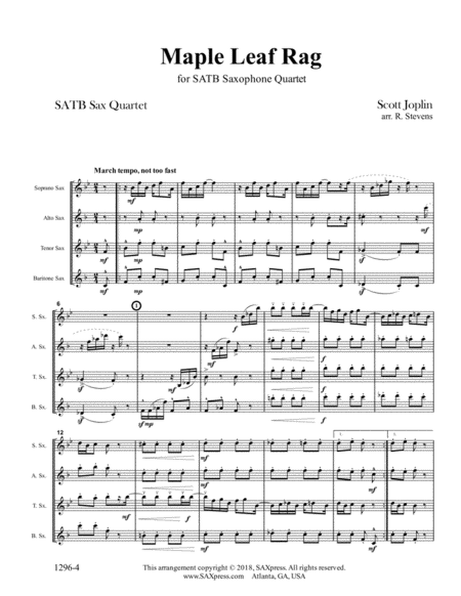 Maple Leaf Rag by Scott Joplin for SATB Saxophone Quartet image number null