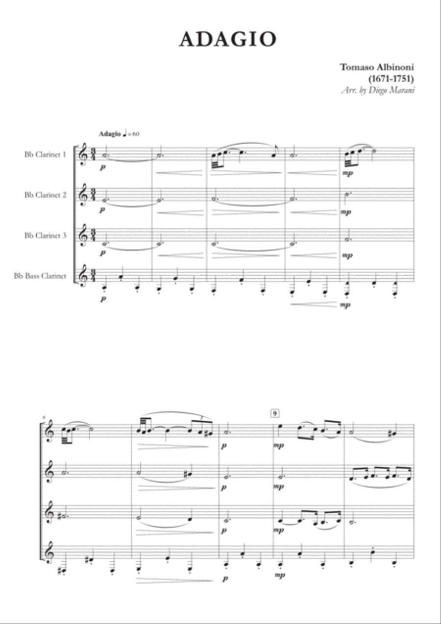 Albinoni's Adagio for Clarinet Quartet Clarinet Quartet scores gallery preview page 3