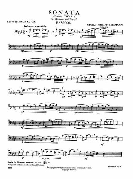 Sonata In F Minor by Georg Philipp Telemann Bassoon Solo - Sheet Music