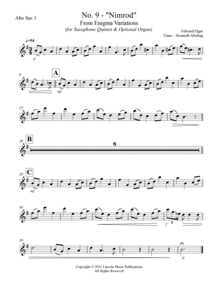 Elgar - Nimrod from Enigma Variations (for Saxophone Quintet SATTB or AATTB) image number null