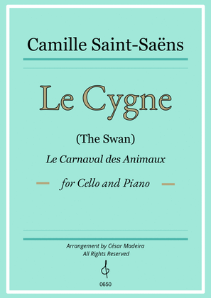 The Swan (Le Cygne) by Saint-Saens - Cello and Piano (Full Score and Parts)