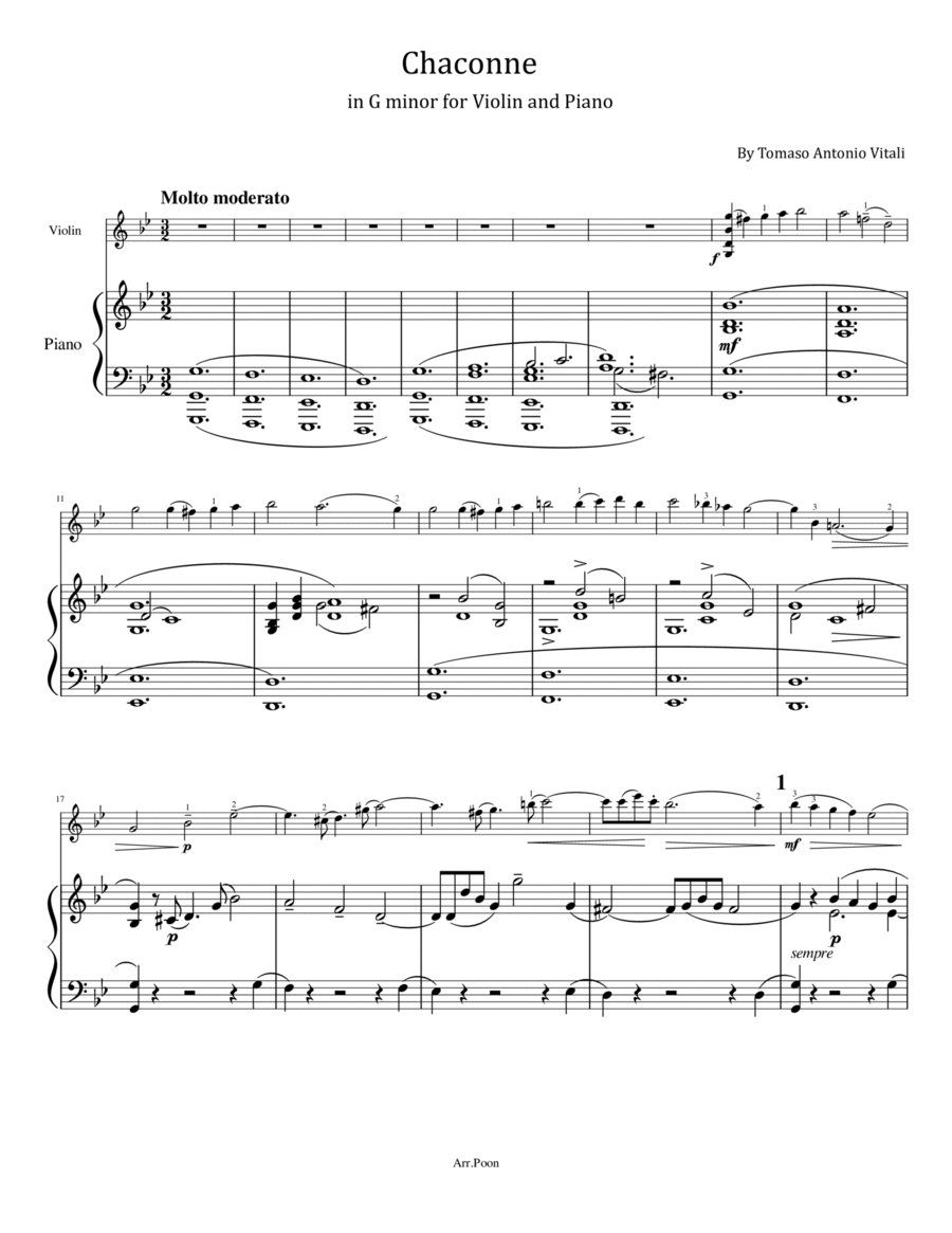 Tomaso Antonio Vitali - Chaconne in G minor - for Violin and Piano Original Violin Solo scores gallery preview page 1