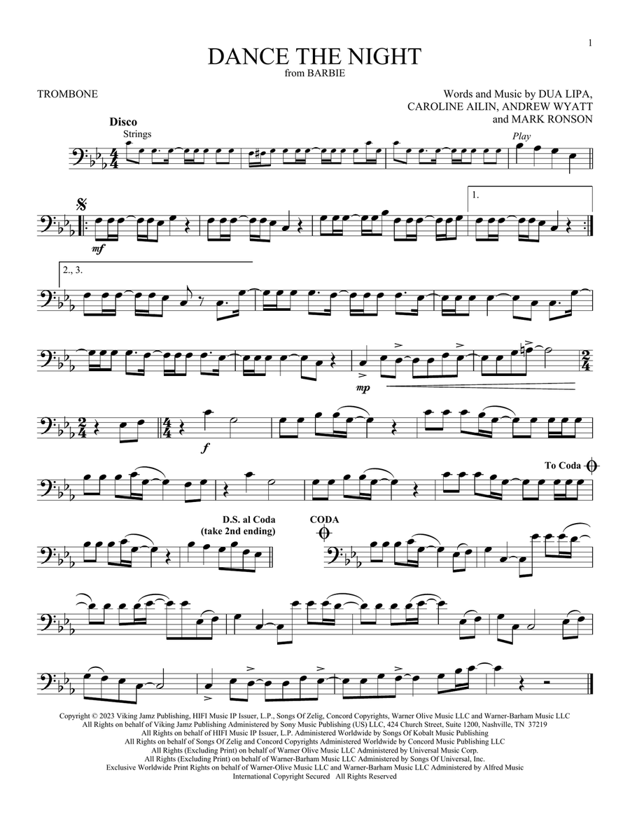 Dance The Night (from Barbie) by Dua Lipa Trombone Solo - Digital Sheet Music