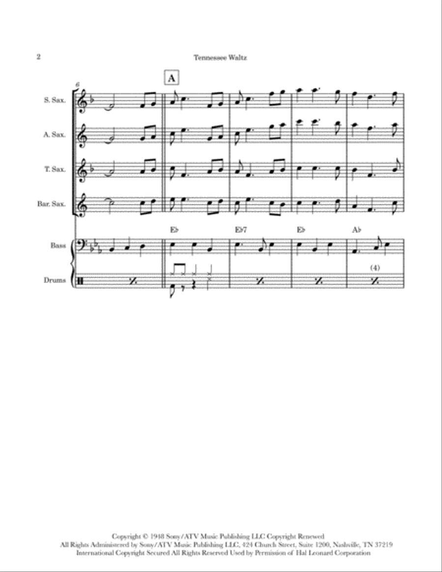 Tennessee Waltz Saxophone Quartet scores gallery preview page 2