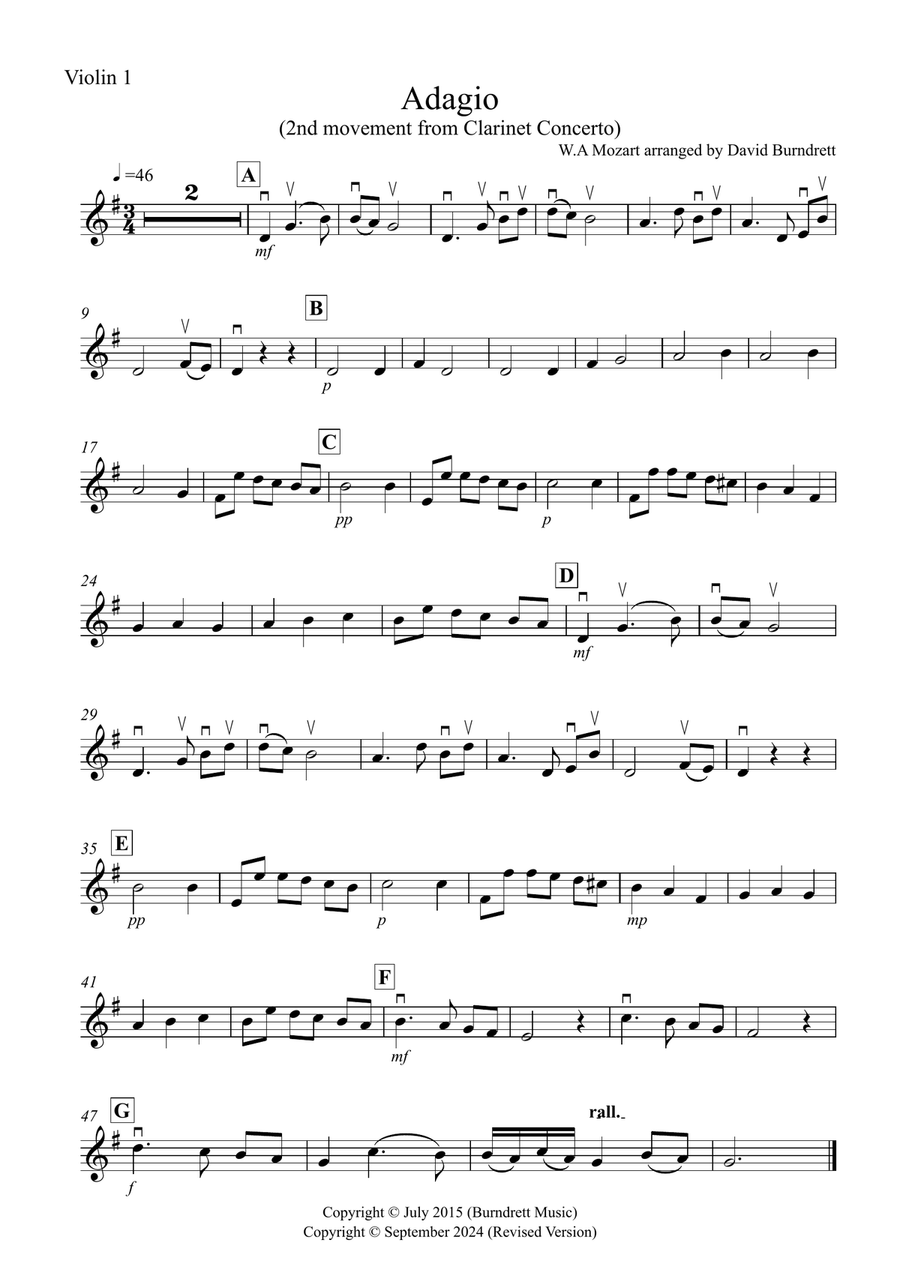 Adagio from Mozart's Clarinet Concerto for String Quartet String Quartet scores gallery preview page 3
