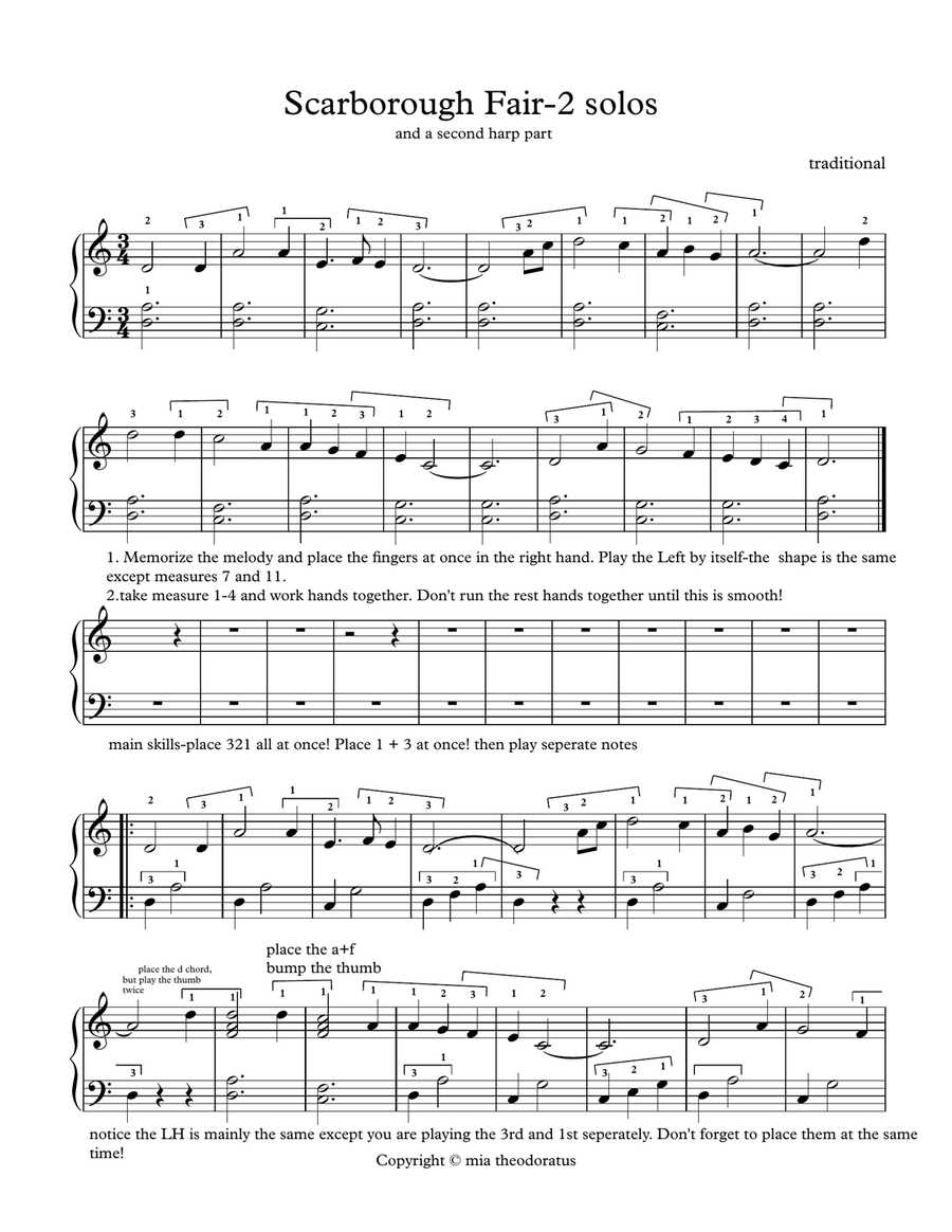 Scarborough Fair Arranged for lever harp solo and duet