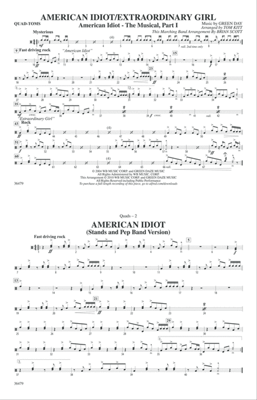 American Idiot / Extraordinary Girl: Quad-Toms Marching Band scores gallery preview page 1