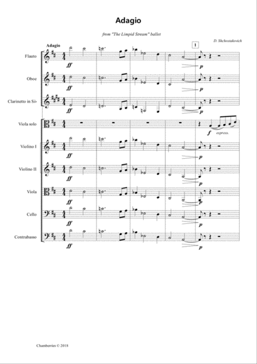 Shchostakobich - Adagio from The Limpid Stream for viola solo String Orchestra scores gallery preview page 1