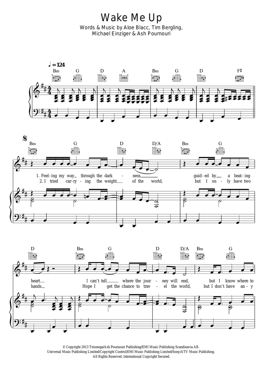 Wake Me Up Wake Me Up Piano, Vocal, Guitar scores gallery preview page 1