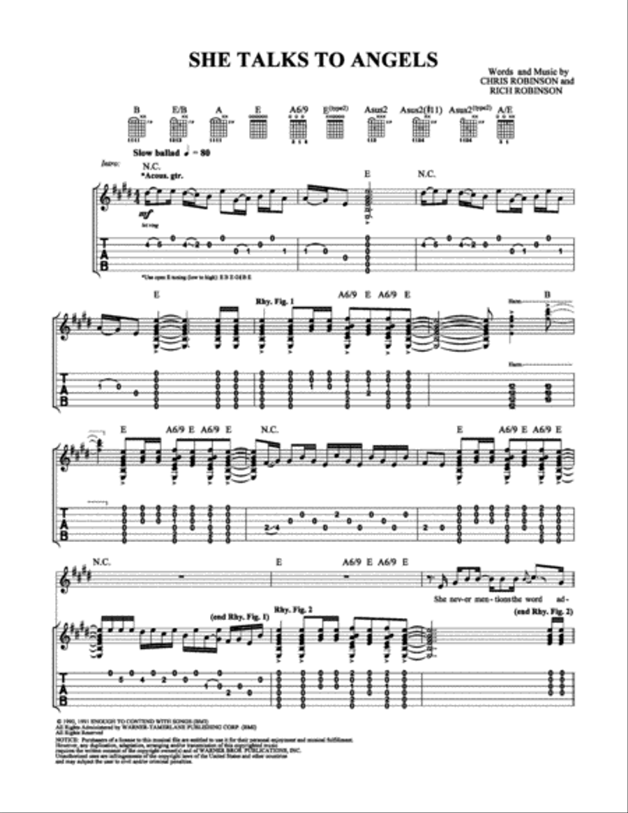 She Talks to Angels She Talks to Angels Electric Guitar scores gallery preview page 1