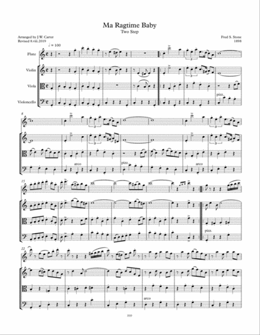 Ma Ragtime Baby, Two Step (1898), by Fred S. Stone, arranged for Flute & String Trio Small Ensemble scores gallery preview page 1