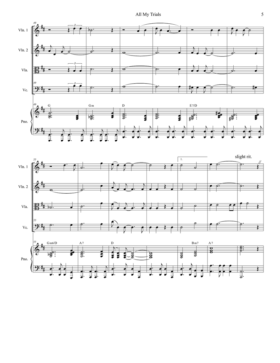 All My Trials (with Steal Away To Jesus) (for String Quartet and Piano) Piano Quintet scores gallery preview page 6