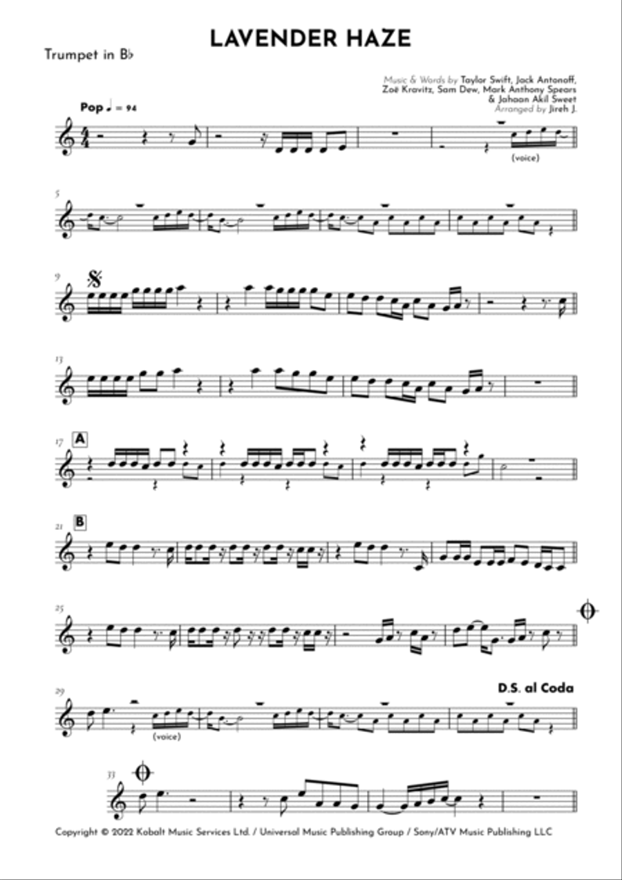 Lavender Haze B-Flat Trumpet scores gallery preview page 2