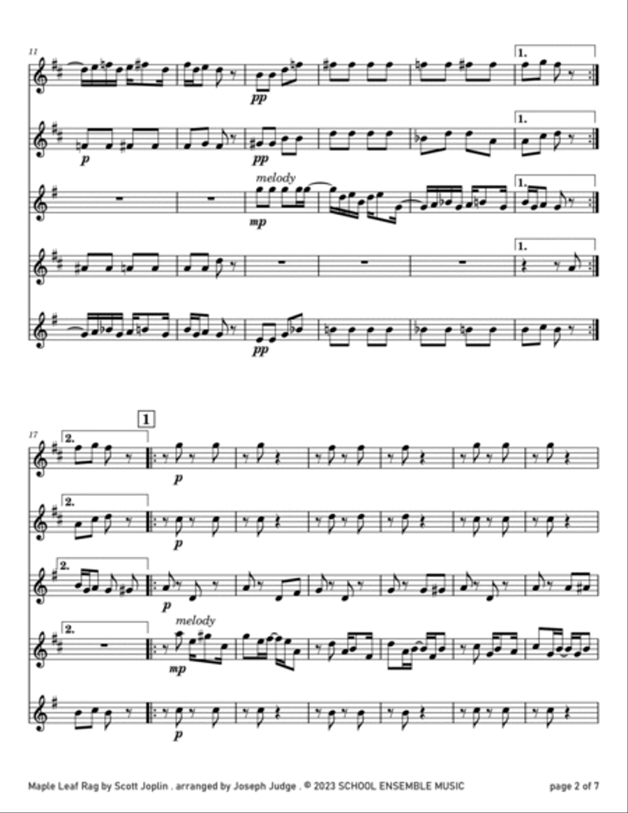 Maple Leaf Rag by Scott Joplin for Saxophone Quartet in Schools Saxophone Quartet scores gallery preview page 2