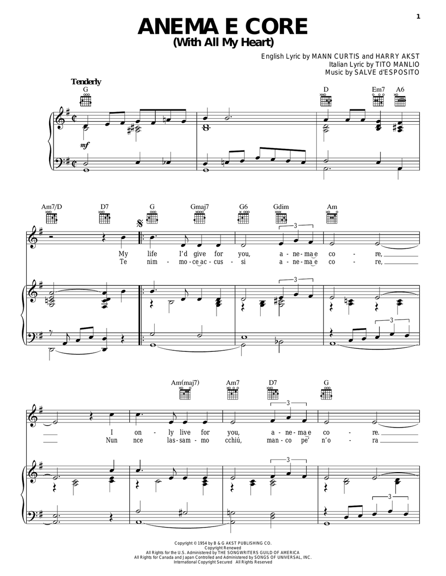 Anema E Core (With All My Heart) Piano, Vocal, Guitar scores gallery preview page 1