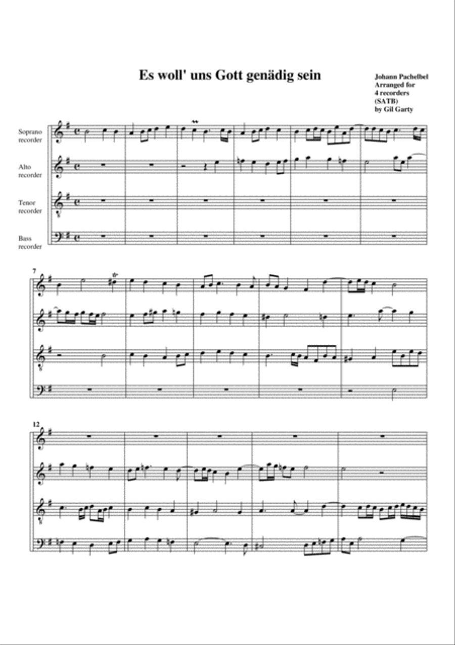 Es woll' uns Gott genaedig sein (no.2) (arrangement for 4 recorders) Recorder scores gallery preview page 1