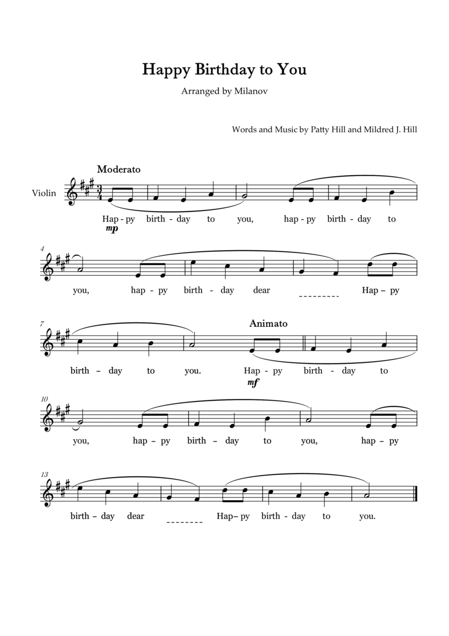 Happy Birthday to You in A Violin Lyrics Violin Solo scores gallery preview page 1