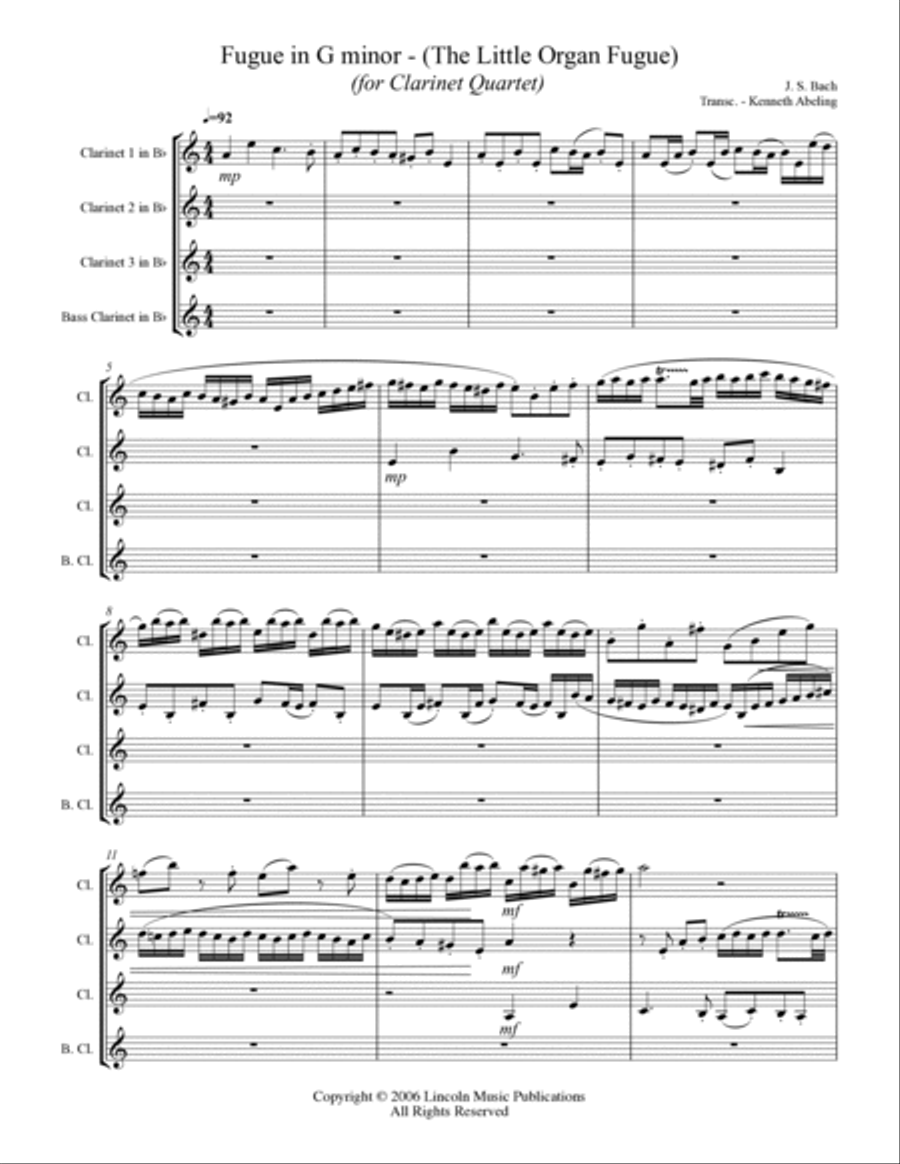 Bach - Fugue in G minor - “Little Organ Fugue” (for Clarinet Quartet) Clarinet Quartet scores gallery preview page 2