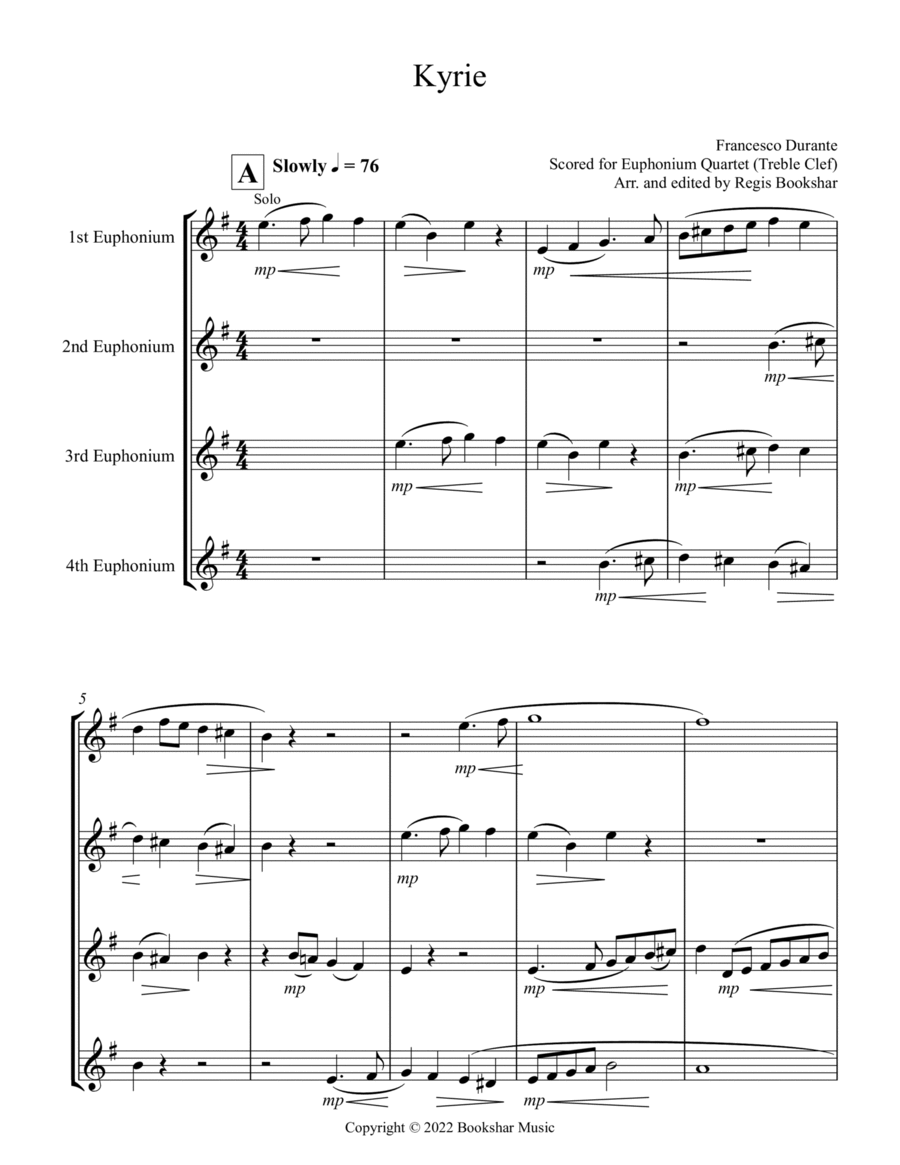 Kyrie (Durante) (Euphonium Quartet - Treble Clef) Brass Ensemble scores gallery preview page 1