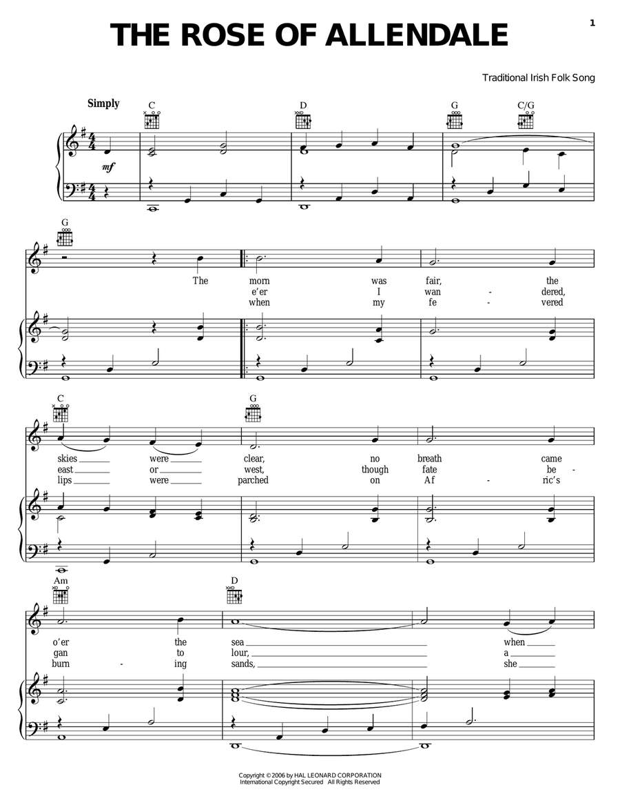 The Rose Of Allendale Piano, Vocal, Guitar scores gallery preview page 1