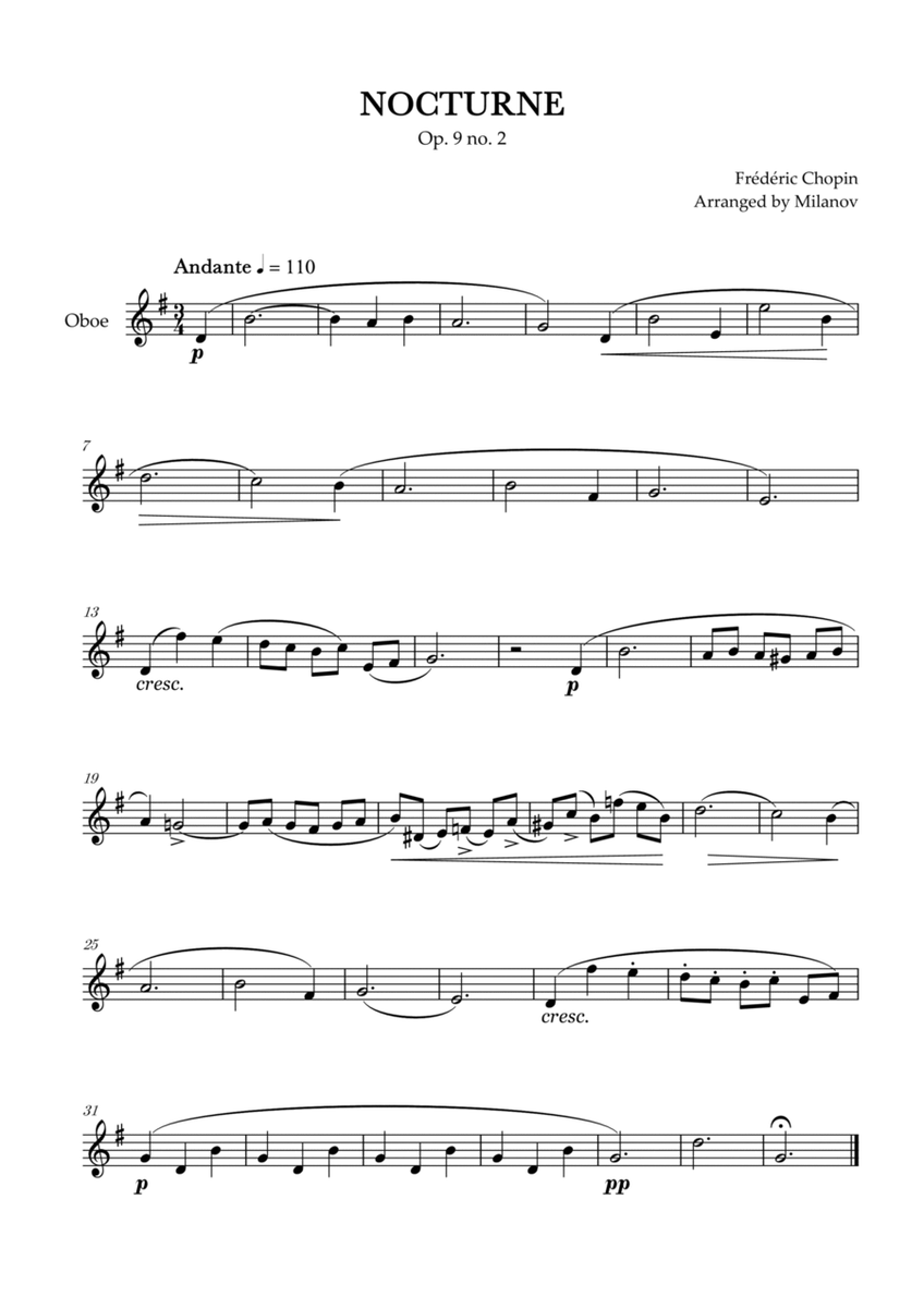Chopin Nocturne op. 9 no. 2 | Oboe | G Major | Easy beginner image number null