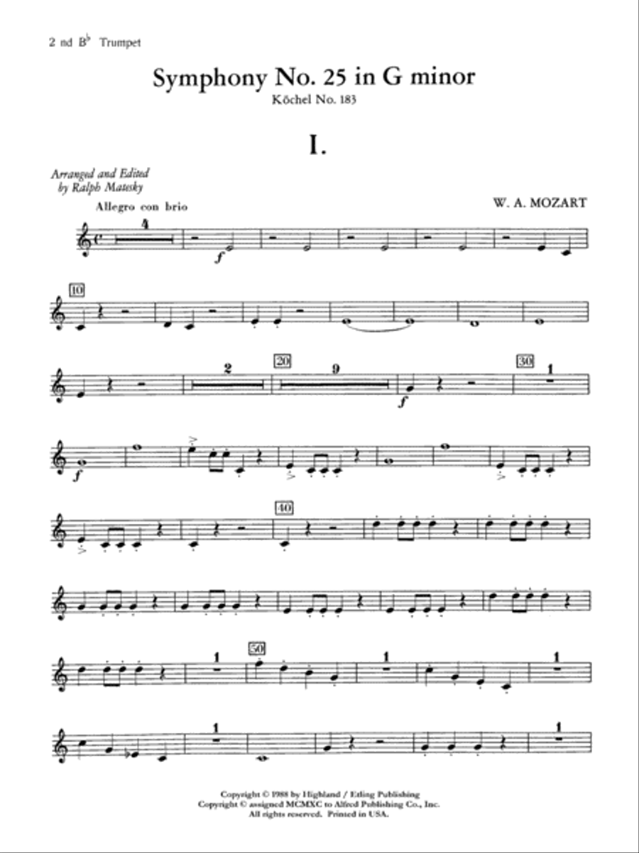 Mozart's Symphony No. 25 in G Minor, 1st & 2nd Movements: 2nd B-flat Trumpet Full Orchestra scores gallery preview page 1