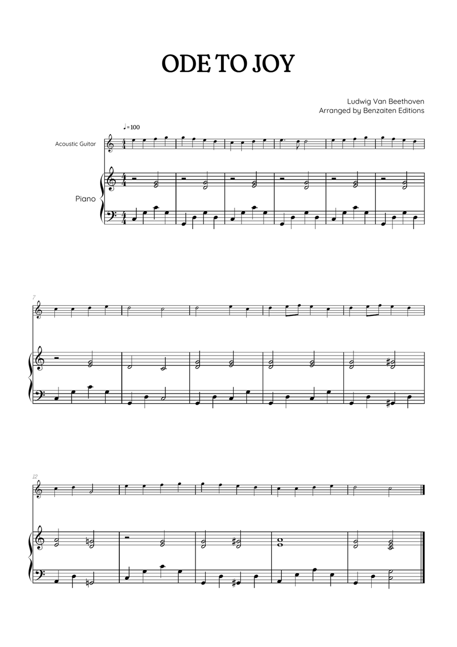 Beethoven • Ode to Joy | acoustic guitar sheet music w/ piano accompaniment Acoustic Guitar scores gallery preview page 1