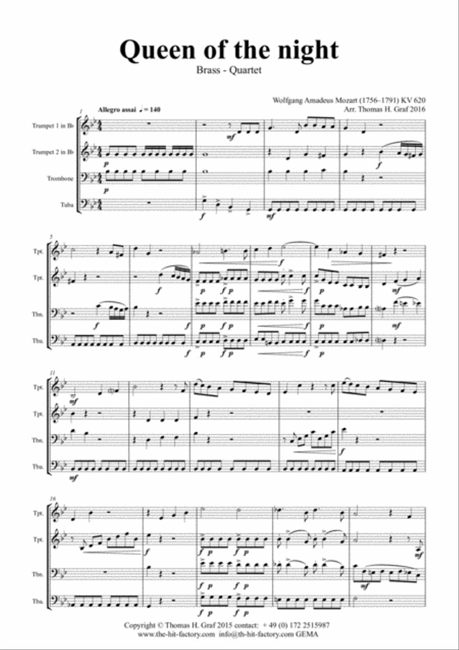 The Magic Flute Queen of the night - KV 620 W.A.Mozart - Brass Quartet - G-minor Brass Quartet scores gallery preview page 2