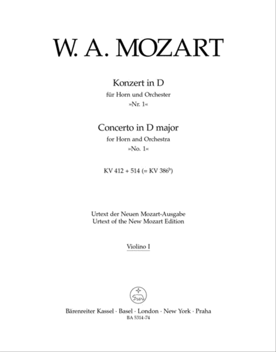 Concerto for Horn and Orchestra No. 1 D major KV 412 + 514 (386b) Violin scores gallery preview page 1