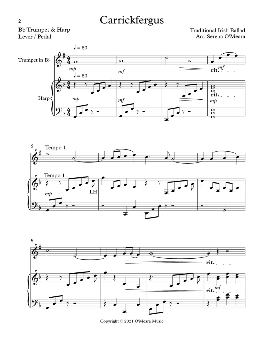 Carrickfergus Duet for Bb Trumpet & Harp Trumpet Duet scores gallery preview page 2