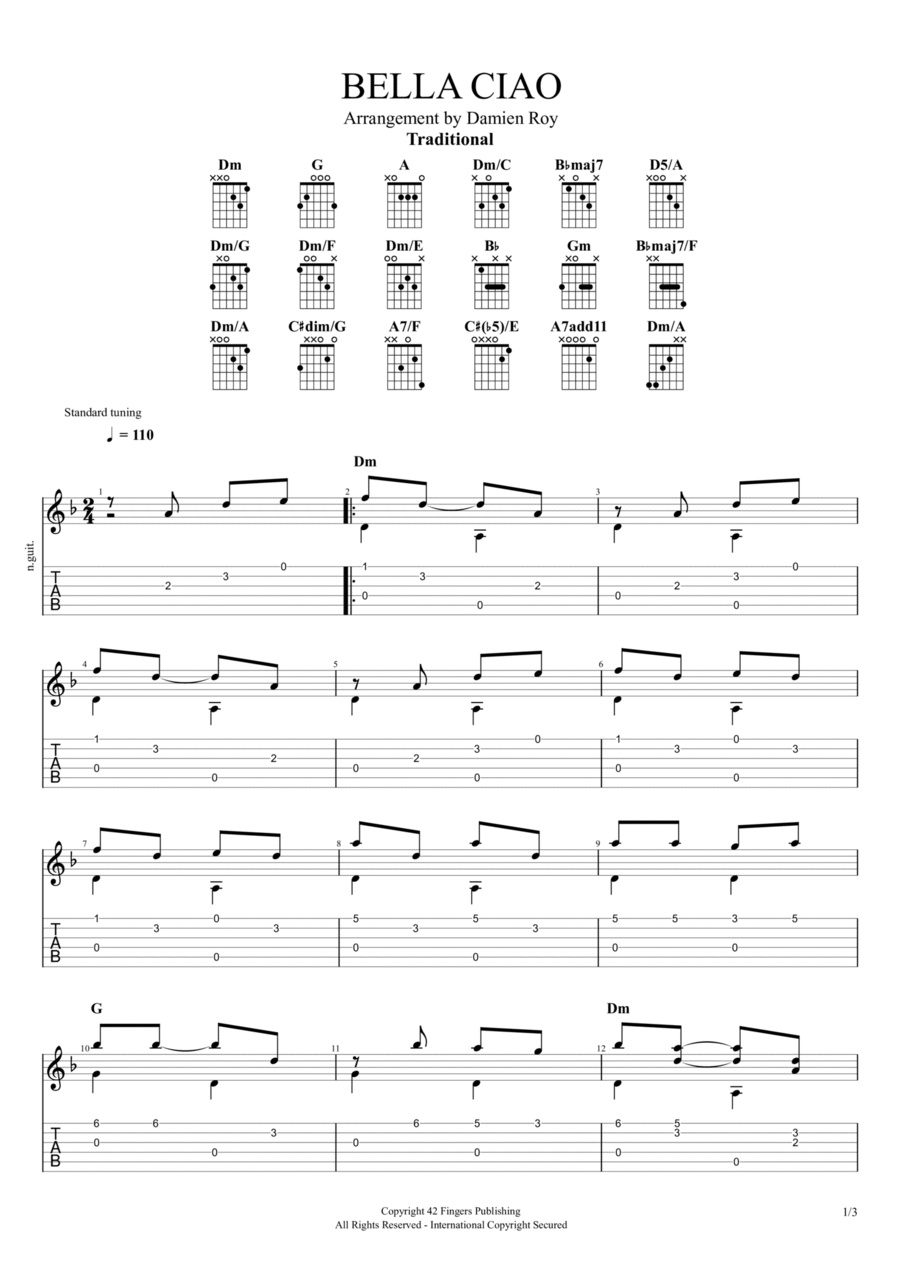 BELLA CIAO easy fingerstyle for guitar Acoustic Guitar scores gallery preview page 1