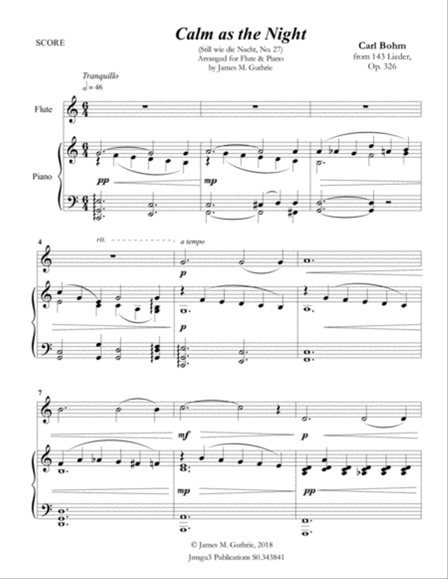 Bohm: Calm as the Night for Flute & Piano Flute Solo scores gallery preview page 1