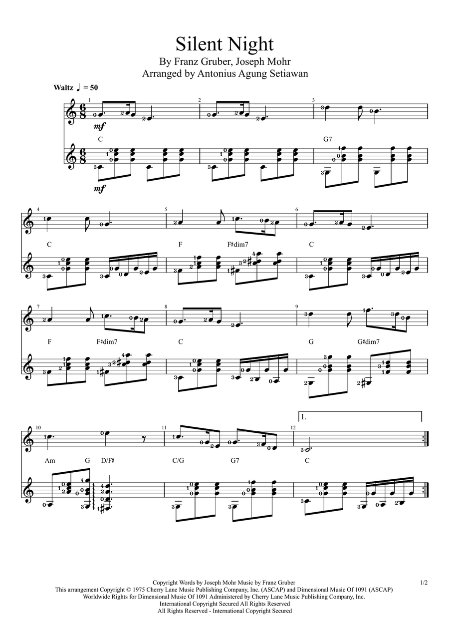 Silent Night (in C Major Scale) Guitar scores gallery preview page 1