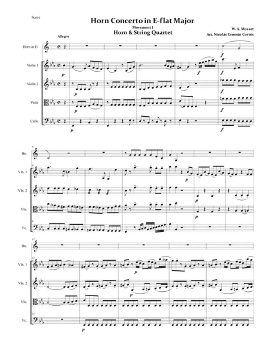 Mozart - Horn Concerto No. 3 Movement 1 - Horn & String Quartet String Quartet scores gallery preview page 2