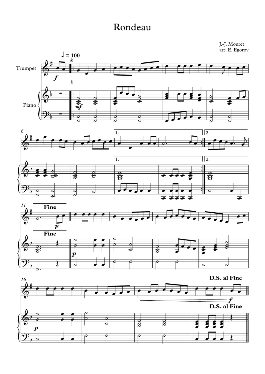 Rondeau, Jean-Joseph Mouret, For Trumpet & Piano Rondeau, Jean-Joseph Mouret, For Trumpet & Piano Trumpet Solo scores gallery preview page 1