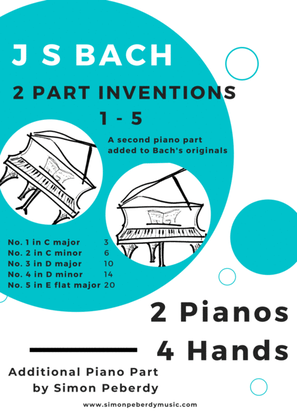 Book cover for Bach 2 Part Inventions 1-5 for 2 pianos, 4 hands (second piano part by Simon Peberdy)