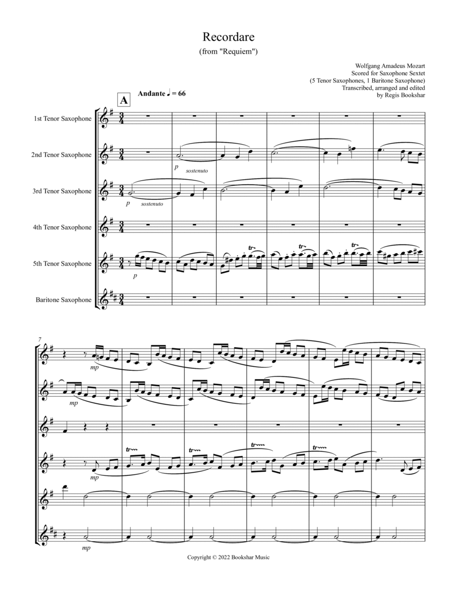 Recordare (from "Requiem") (F) (Saxophone Sextet - 5 Ten, 1 Bari)