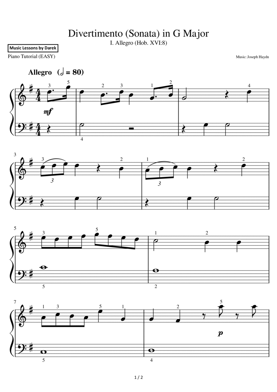 Divertimento (Sonata) in G Major (EASY PIANO) I. Allegro (Hob. XVI:8) [Joseph Haydn] Easy Piano scores gallery preview page 1