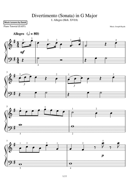 Divertimento (Sonata) in G Major (EASY PIANO) I. Allegro (Hob. XVI:8) [Joseph Haydn] image number null