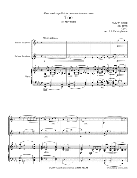 Gade - Allegro Animato - 1st movement from Piano Trio - Soprano Sax, Baritone Sax and Piano. image number null