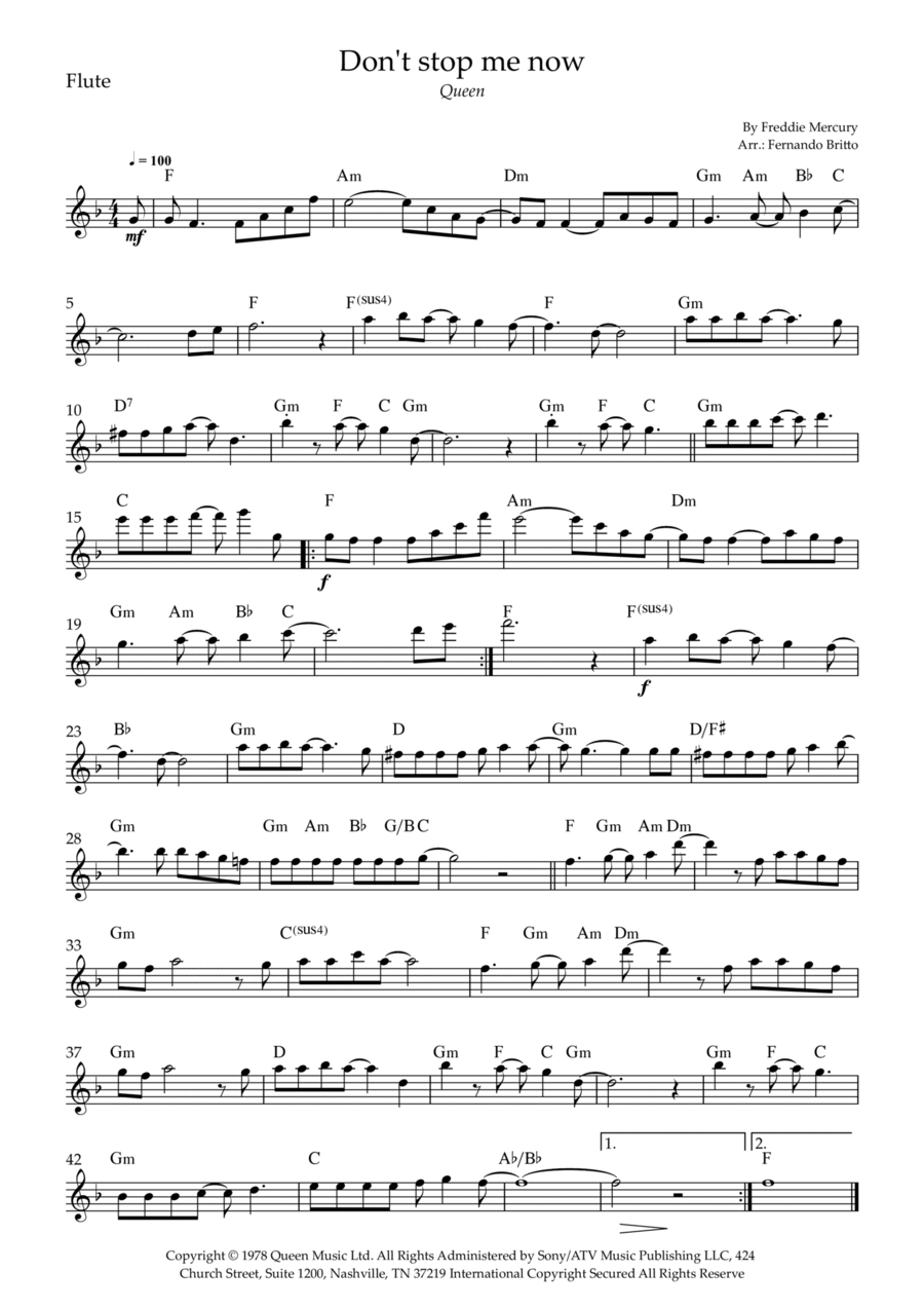 Don't Stop Me Now Flute Solo scores gallery preview page 1