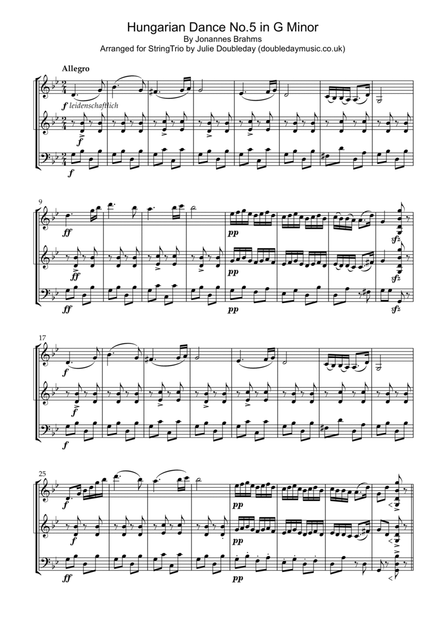 Brahms Hungarian Dance No. 5 in G Minor for String trio String Trio scores gallery preview page 1