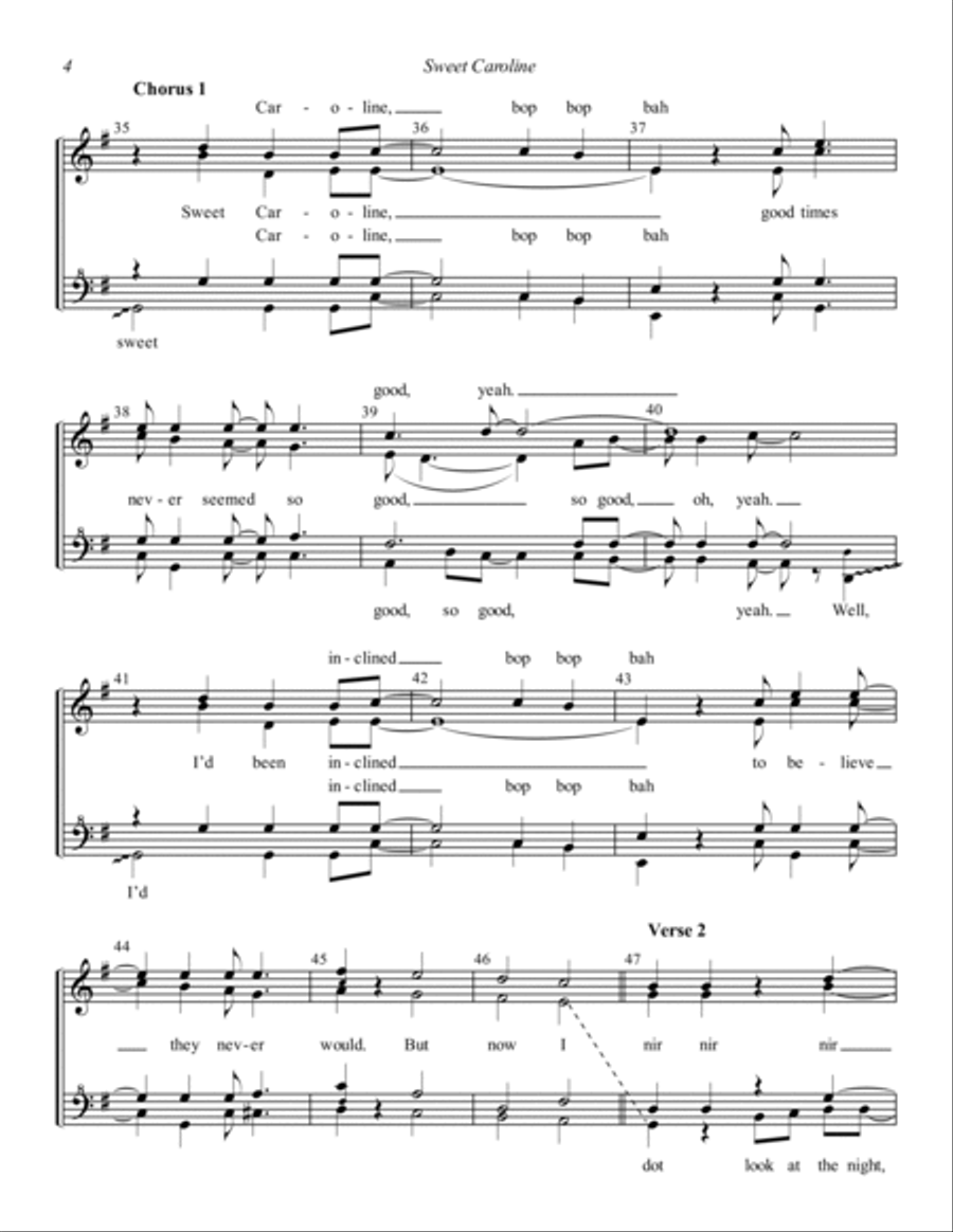 Sweet Caroline (arr. Dylan Oxford & A Mighty Wind) SSAA scores gallery preview page 4