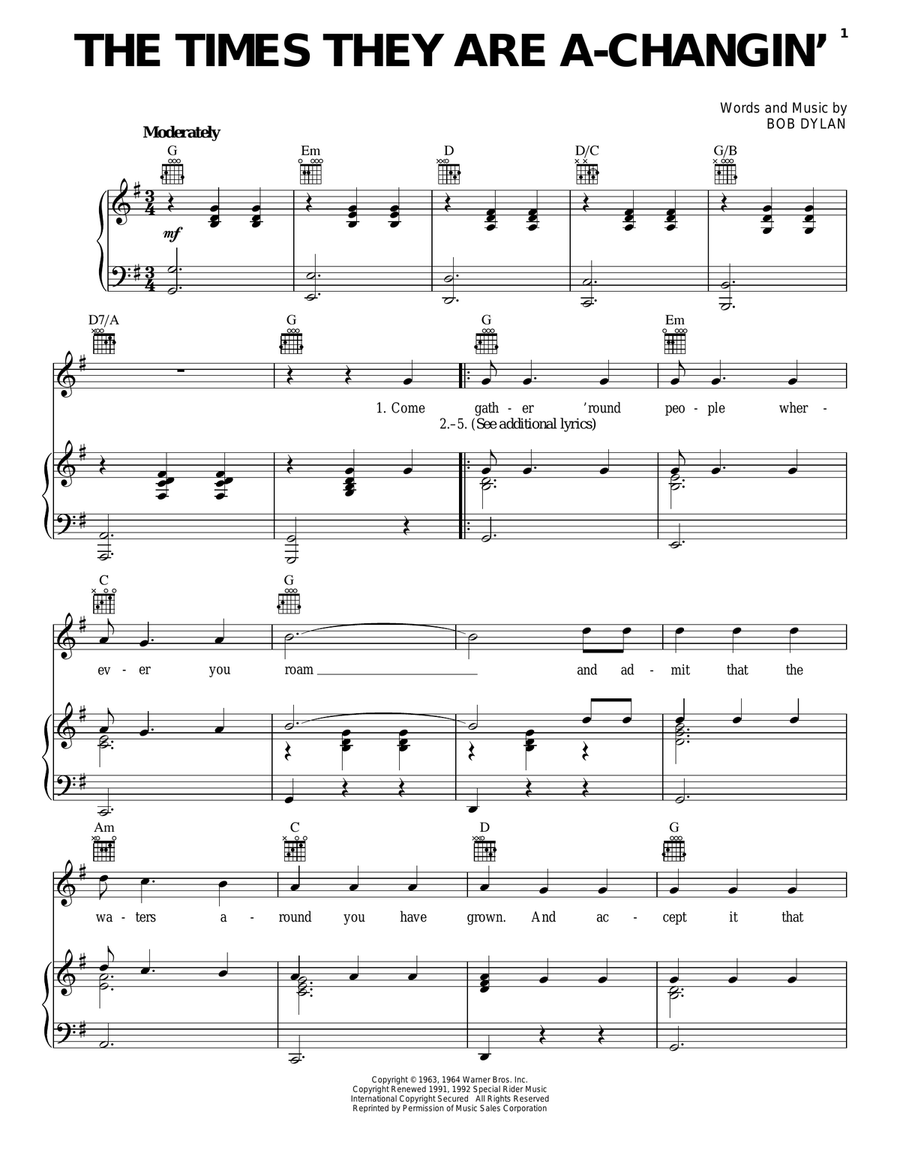 The Times They Are A-Changin' Piano, Vocal, Guitar scores gallery preview page 1