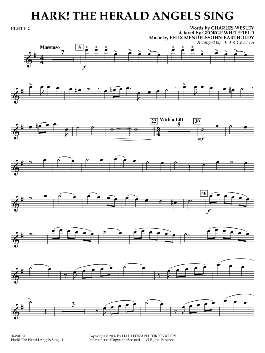 Hark! The Herald Angels Sing (arr. Ted Ricketts) - Flute 2 Full Orchestra scores gallery preview page 1