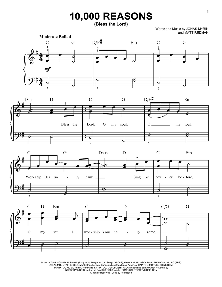 10,000 Reasons (Bless The Lord) Easy Piano scores gallery preview page 1